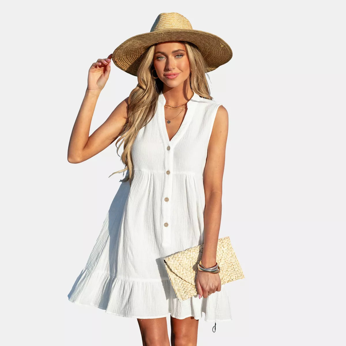 Ruffle Hem Front Buttons Mini Cover-Up Dress