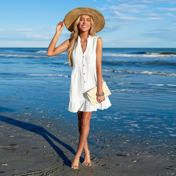 Ruffle Hem Front Buttons Mini Cover-Up Dress
